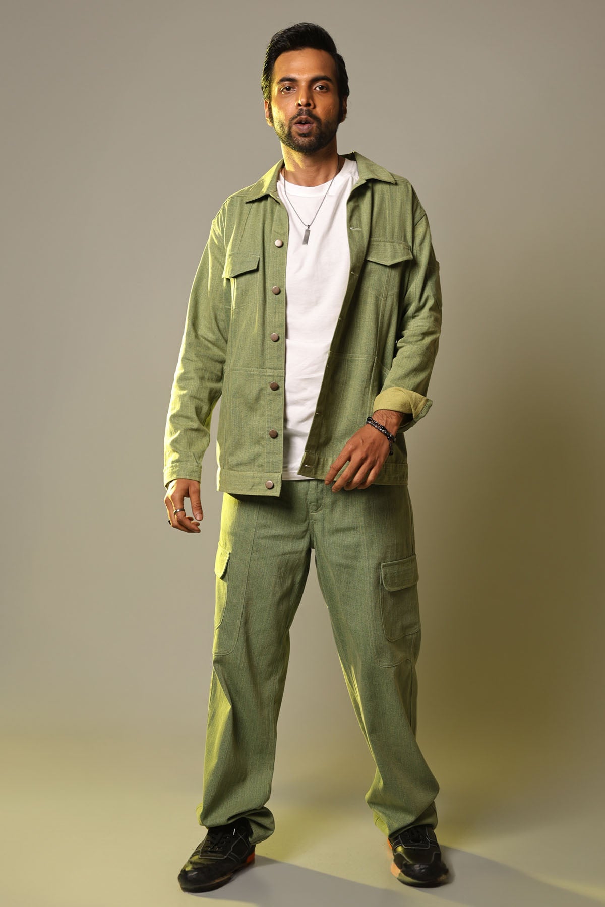 Green Long Denim Jacket for Men